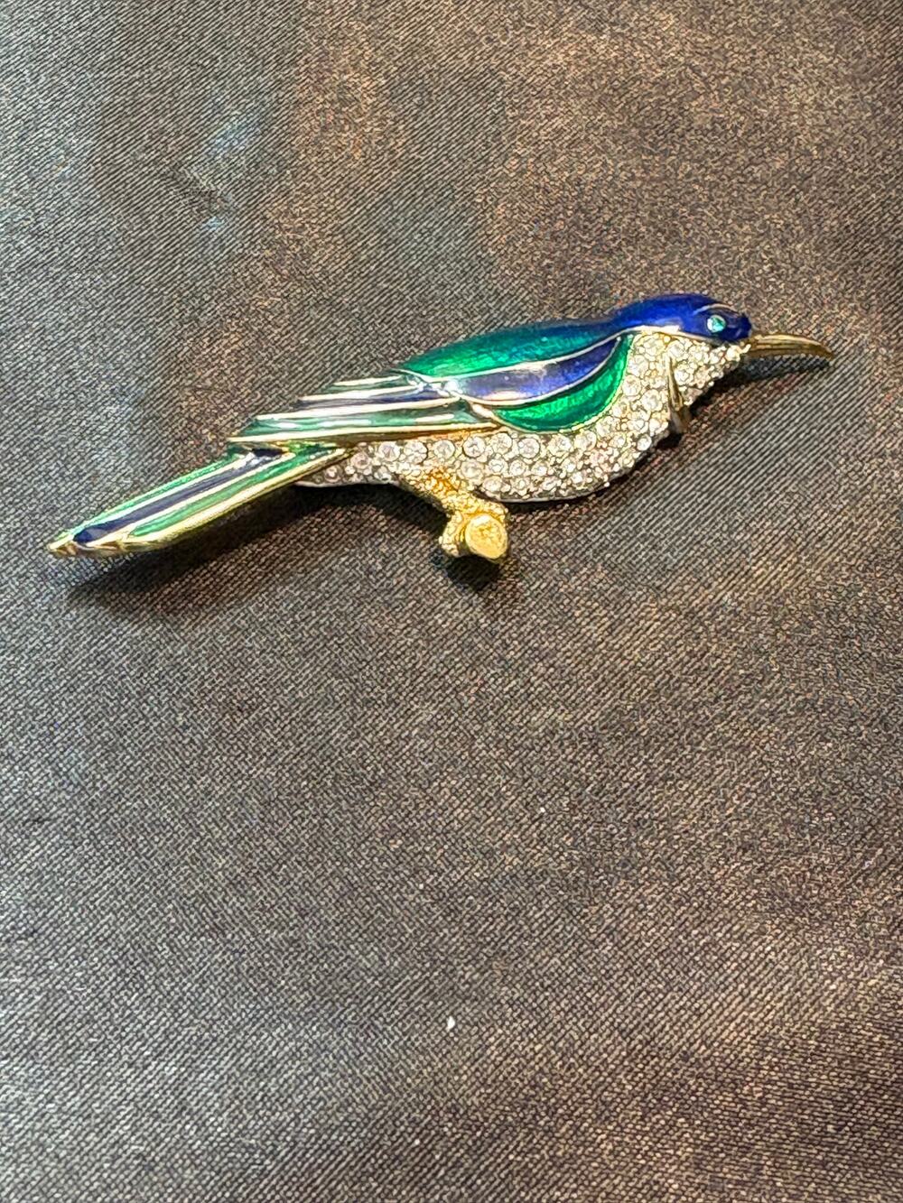 Carol Lee Bird Brooch 3 Inch Rhinestone Enamel Gold Tone Vintage